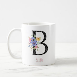 Mug Floral Monogram Name B Black Polka Dot 
