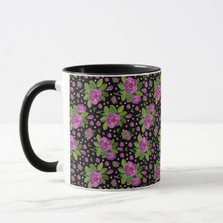 Mug Floral Pattern Lilac Pink Green Black