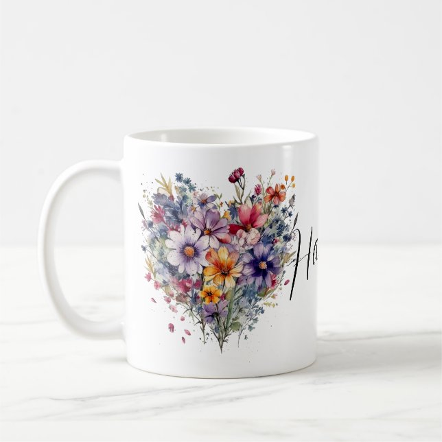Mug floral personnalisé avec nom et floraison (Gauche)