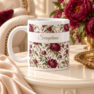 Mug floral personnalisé avec pivoine bordeaux et n