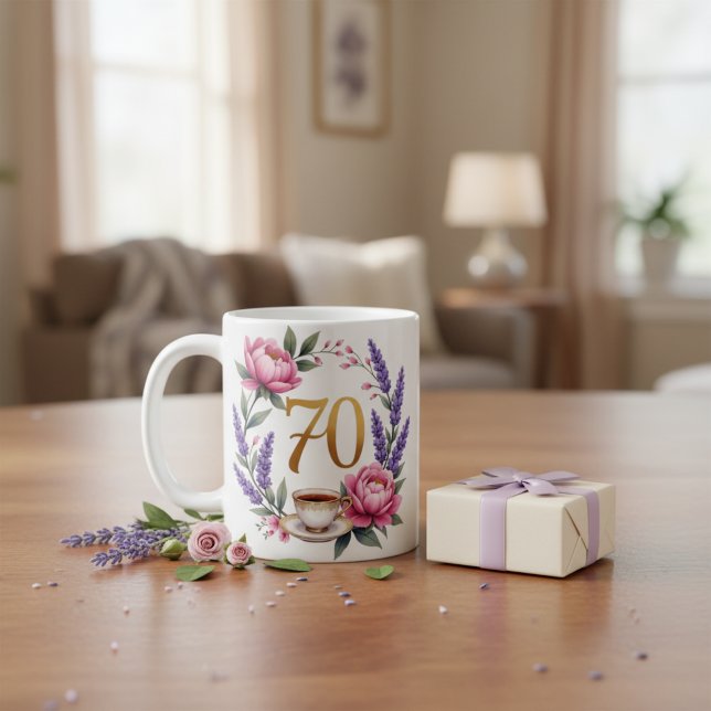Mug floral personnalisé pour les 70 ans de grand-m (Personalized 70th Birthday Floral Mug for Grandma)