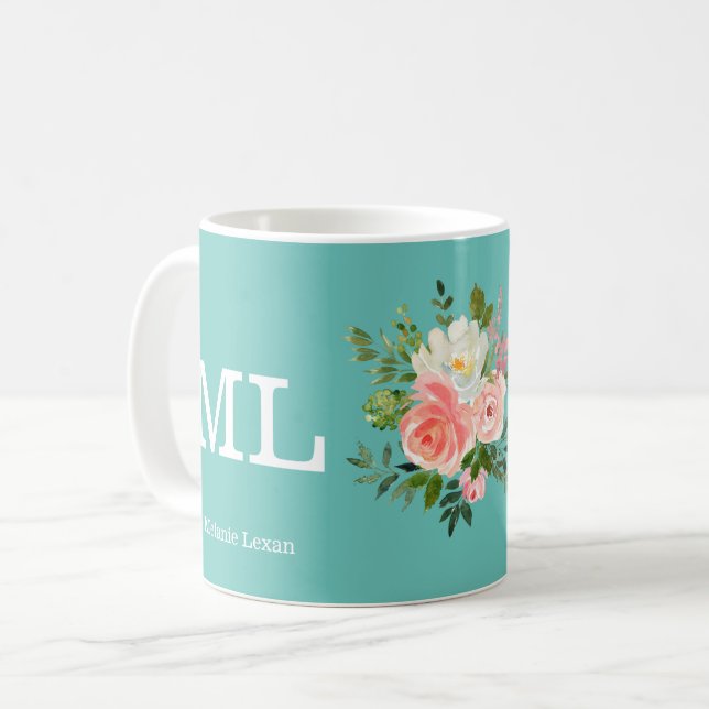Mug Floral rose et Monogramme Turquoise  (Devant gauche)