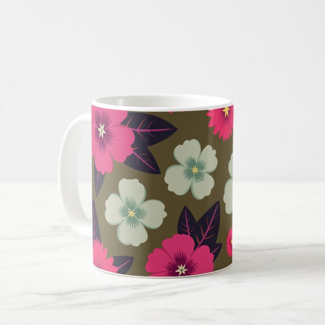 Mug Floral rose et vert vif sur Arrière - plan olive (Devant gauche)