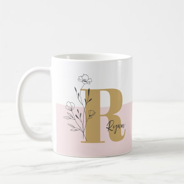 Mug Floral rose gras Nom du monogramme (Gauche)