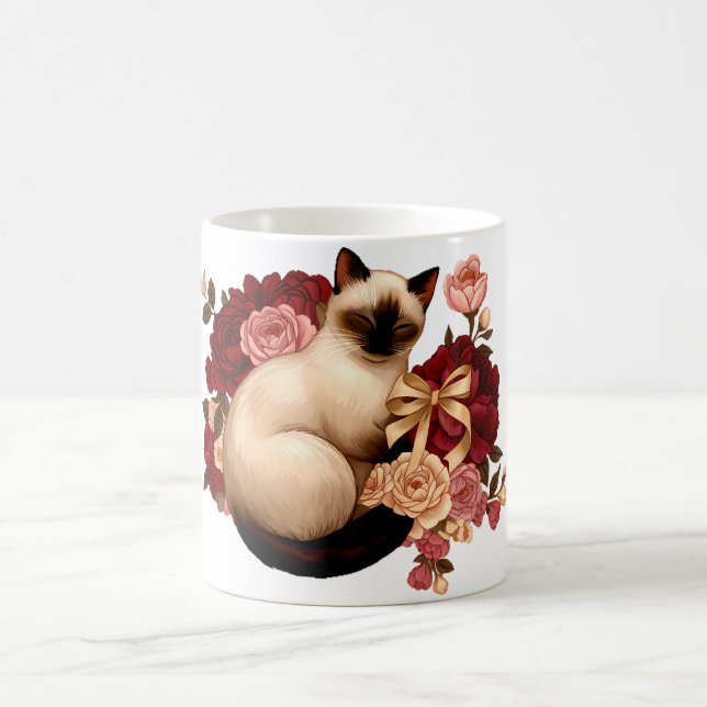 Mug Floral Serenity: Curled Siamese Cat in Bloom (Centre)