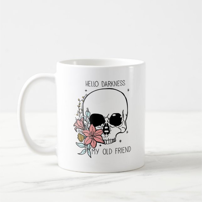 Mug Floral Skull Goth "Hello Darkness" Art (Gauche)