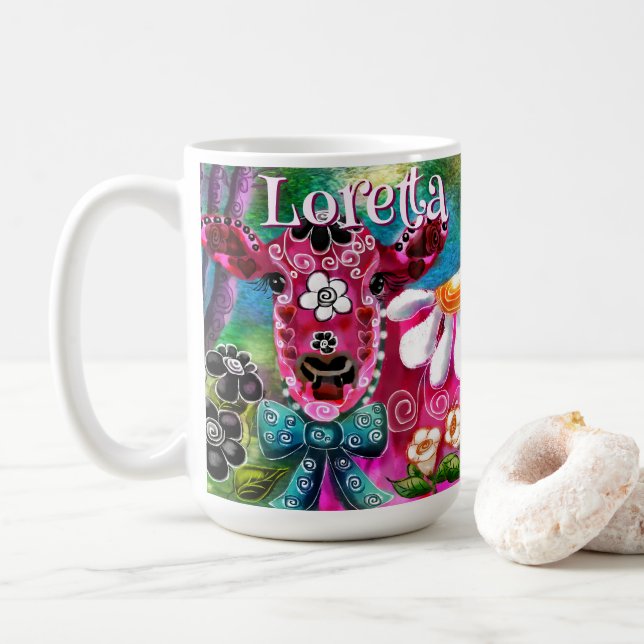 Mug Florale Fantaisiste Vache Rose Sarcelle Noir Perso (Avec donut)