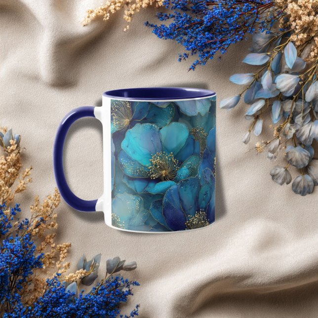 Mug Florales Abstraites d'aquarelle bleu or (Blue gold Abstract Floral Coffee Mug gift for her. )