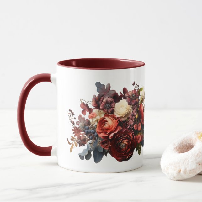 Mug Florales Moody foncé Maron bordeaux Coral blanc (Avec donut)