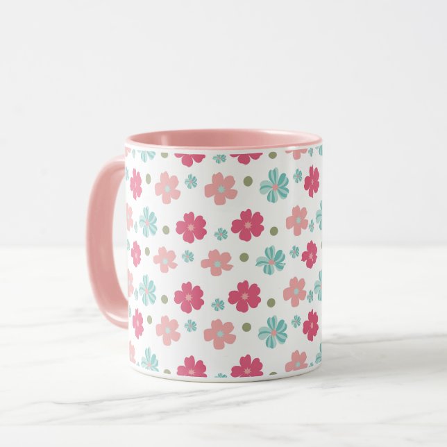 Mug Flore simple et ditsy en rose et Turquoise (Devant gauche)