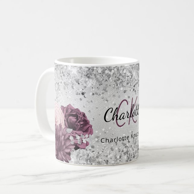 Mug Flores bordeaux argentés nom monogramme élégant (Devant gauche)