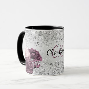Mug Flores bordeaux argentés nom monogramme élégant
