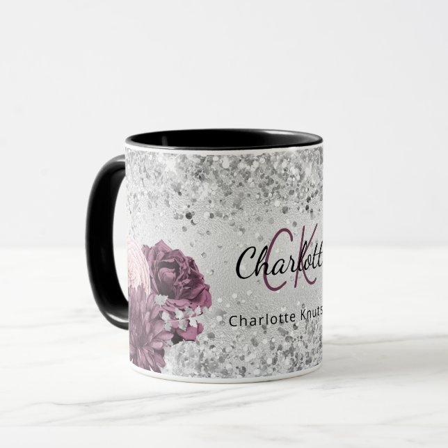 Mug Flores bordeaux argentés nom monogramme élégant (Devant gauche)