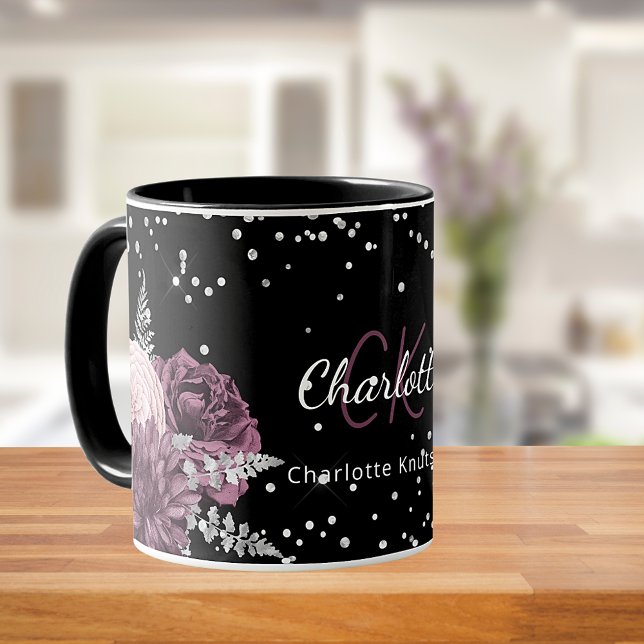 Mug Flores bordeaux noirs élégant nom monogramme (Créateur téléchargé)