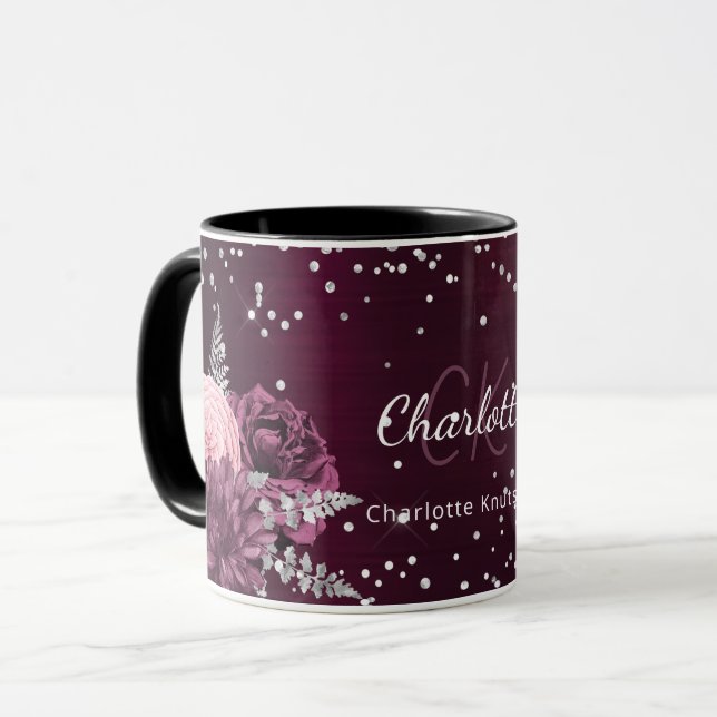 Mug Flores bourguignonnes nom monogramme élégant (Devant gauche)