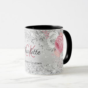 Mug Flores rose argent élégant nom monogramme