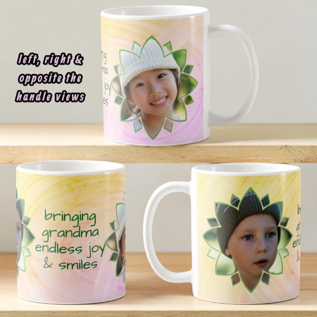Mug Flower Shape Replaceable Photo Colorful Background (Fun double photo mug with template text centered opposite the handle.)