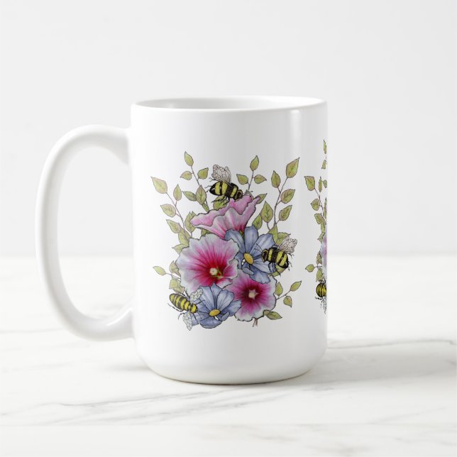 Mug Flowers and Bees, Freehand Botanical Art (Gauche)