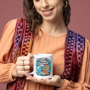 Mug Fluent in Fowl Langue Cool Rooster Surfing