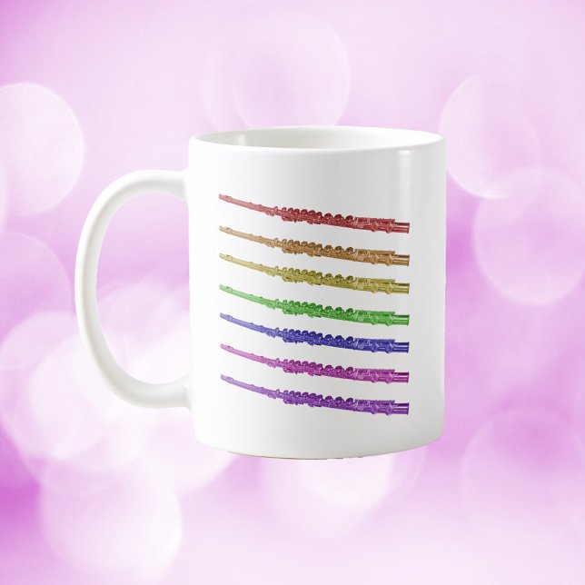 Mug Flûte arc-en-ciel (A mug with red, orange, yellow, green, blue, purple and pink flutes.)