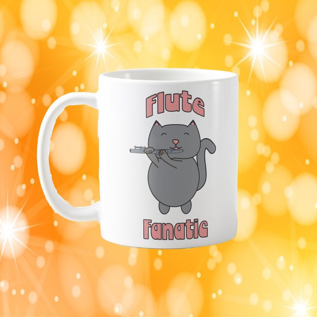 Mug Flute Fanatic Gray Cat Pink (A mug with a gray cat playing the flute and the words flute fanatic in pink)