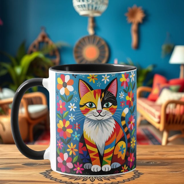 Mug Folk Art Cat, Flowers & Butterfly Personalized (Créateur téléchargé)