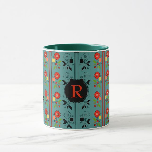 Mug Folklore Personnalisé Monogramme Turquoise Xma (Centre)