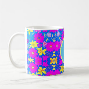 Mug Fond à motif de fleurs rose bleu jaune ajouter nom