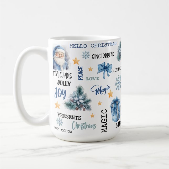Mug Fond blanc avec Santa bleu et cadeaux (Gauche)