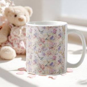 Mug fond floral avec oiseaux et papillons
