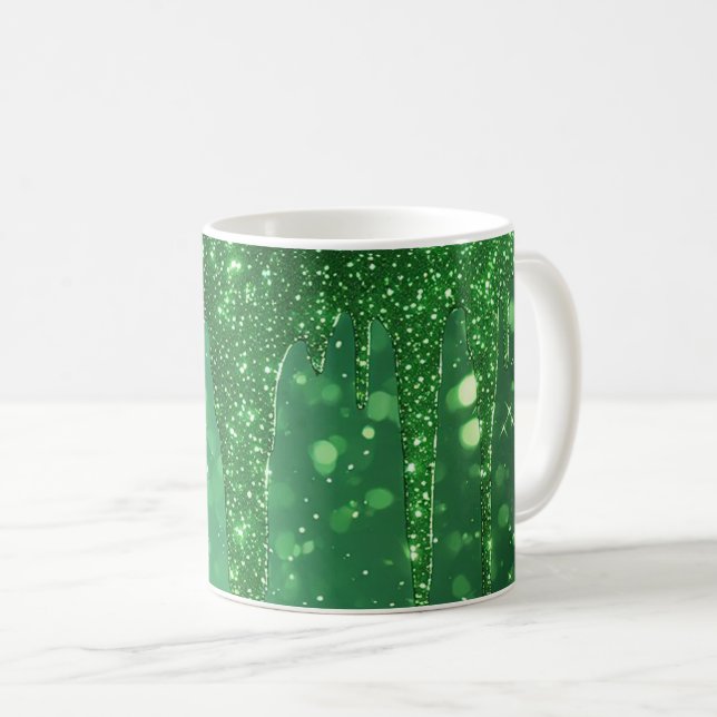 Mug Fond goutte à paillettes vertes avec bokeh scintil (Devant droit)