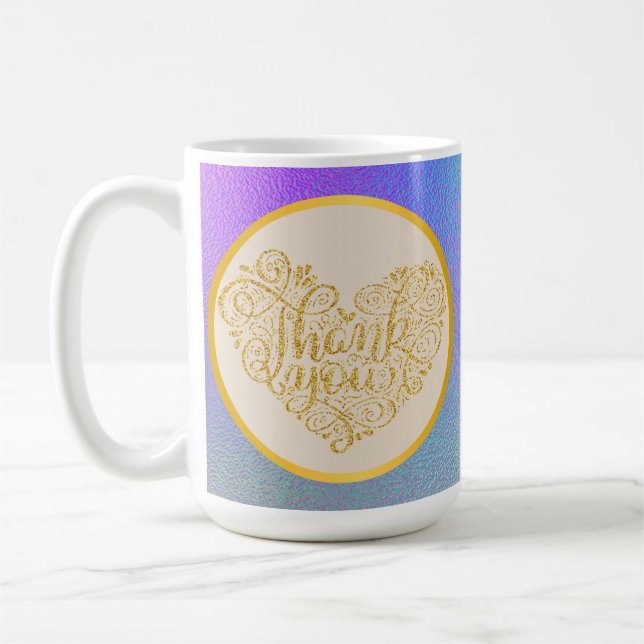 Mug Fond pailleté or merci rose violet bleu (Gauche)
