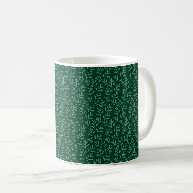 Mug Fond vert foncé avec feuilles botaniques sarcelle (Devant droit)