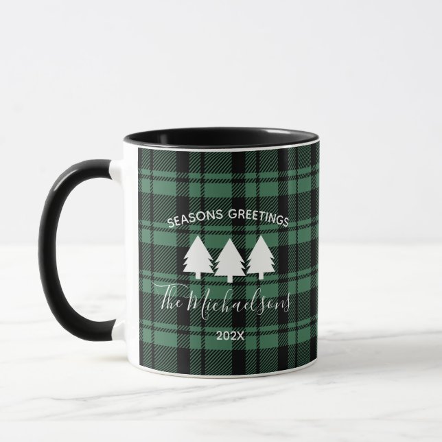 Mug Forest Green Holiday Plaid Monogramme Nom du café (Gauche)