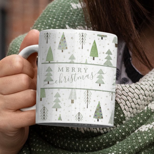 Mug Forêt de Noël moderne Joyeux arbres Sage Green (Créateur téléchargé)