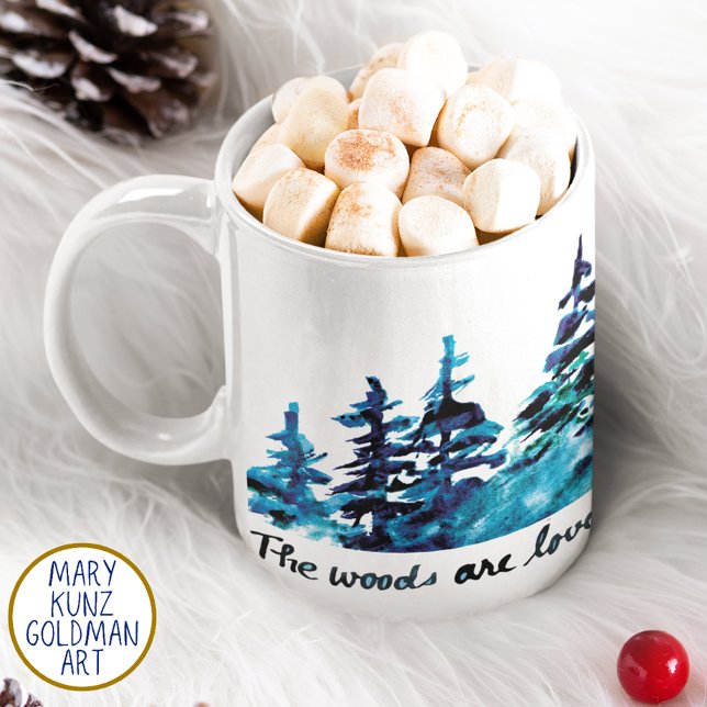 Mug Forêt de pin rustique Robert Frost Aquarelle Poési (The Robert Frost poem was lettered using a Victorian-era dip pen and American-made deep green ink.)