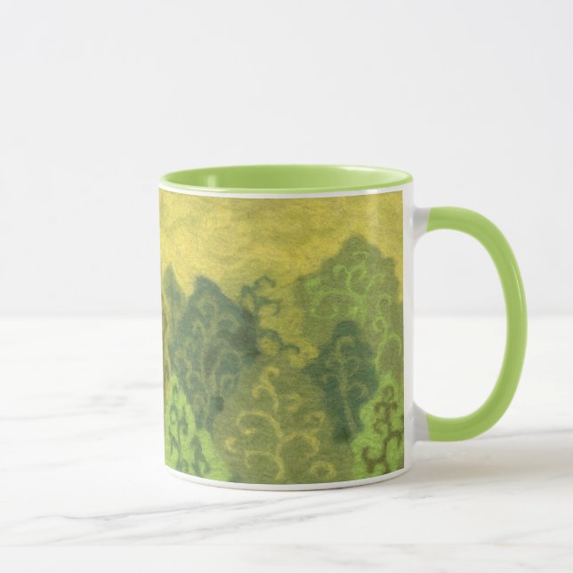 Mug Forêt d'été, peinture en laine, arbres vert & jaun (Droite)