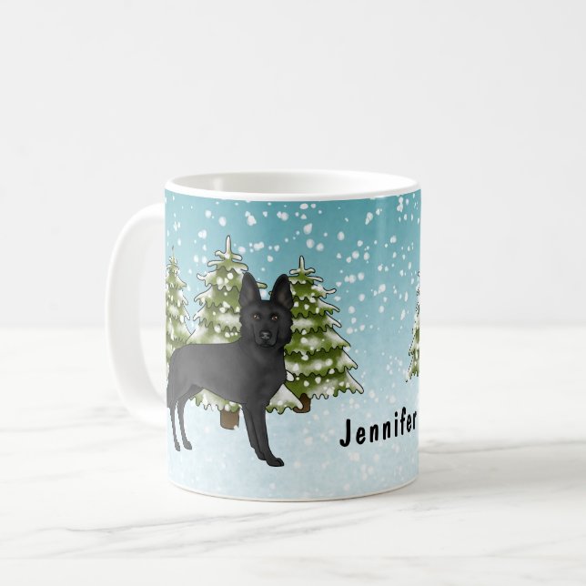 Mug Forêt d'hiver de berger noir allemand avec nom (Devant gauche)