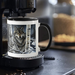 Mug Forêt mystique de bouleaux en hiver avec loup alph