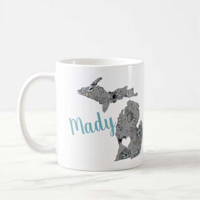 Mug Forme Michigan Avec Nom & Gris Blue Poppy Floral (Gauche)