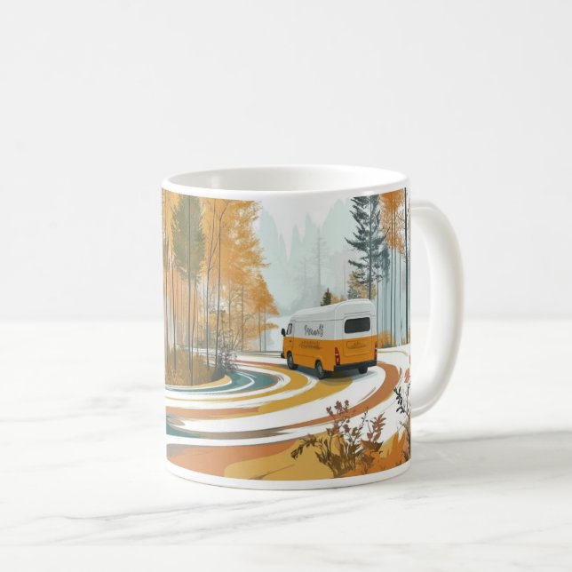 Mug fourgonnette jaune navigue à travers une route sin (Devant droit)