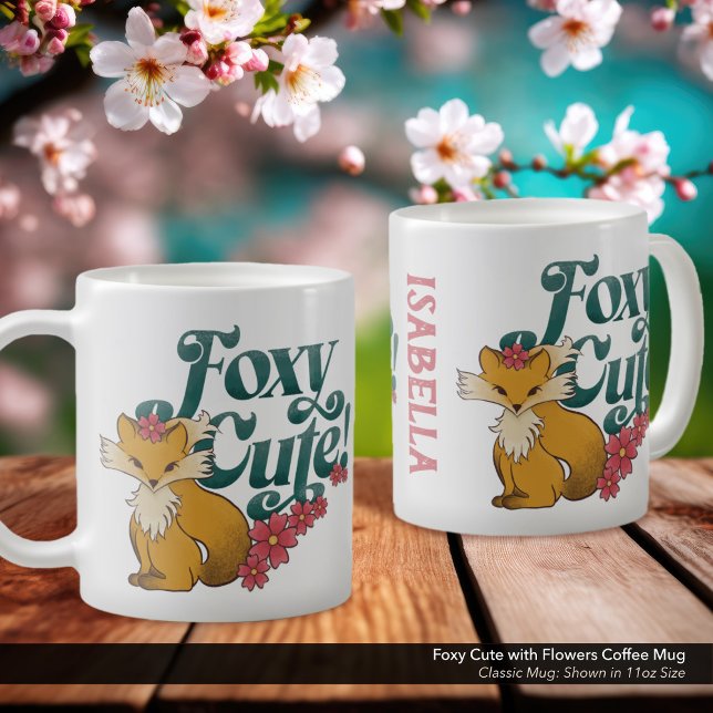 Mug Foxy Cute avec Fleurs ("Foxy Cute" Personalized Coffee Mug with Whimsical Hand Drawn Fox Artwork.)