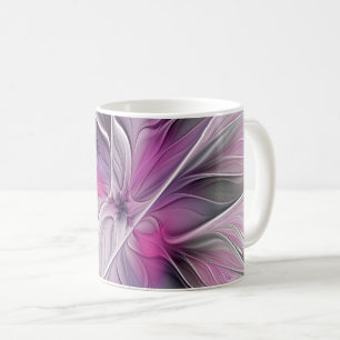 Mug Fractal Floral Moderne Abstrait Fleur Rose Gris