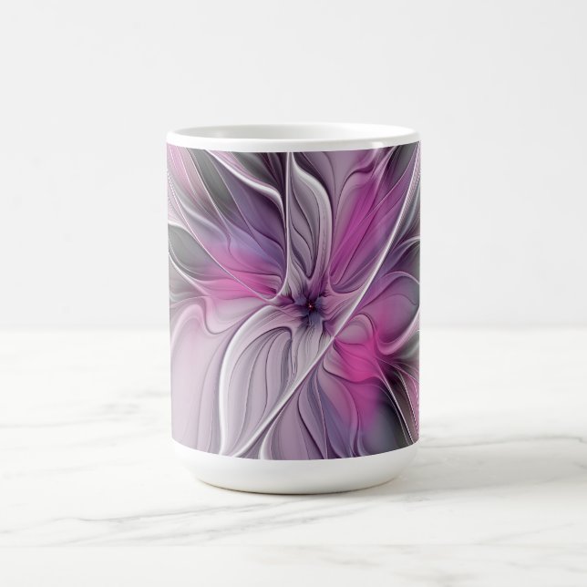 Mug Fractal Floral Moderne Abstrait Fleur Rose Gris (Centre)