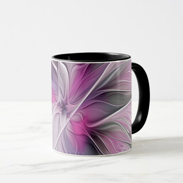 Mug Fractal Floral Moderne Abstrait Fleur Rose Gris (Devant droit)