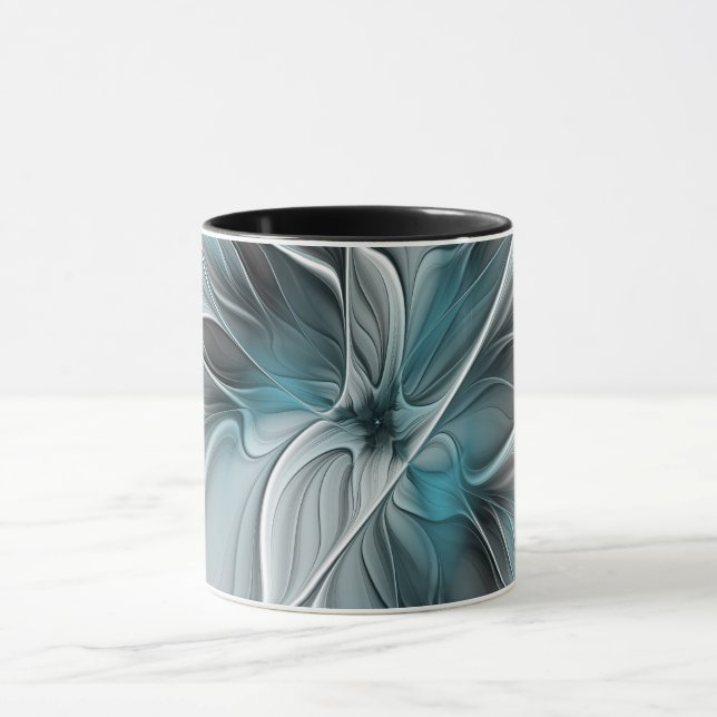 Mug Fractal Floral Moderne Fleur Abstraite Bleu Gris (Centre)