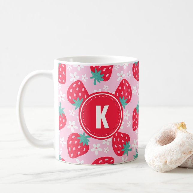 Mug Fraises Fleurs Rouge Rose Motif Monogramme (Avec donut)