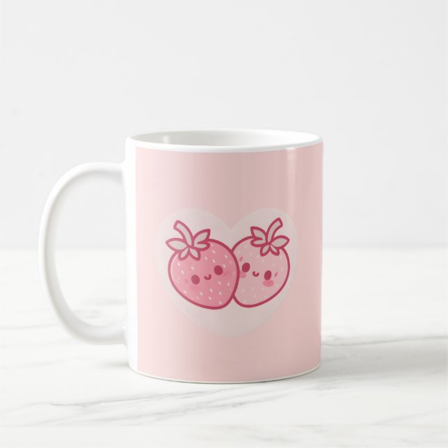 Mug Fraises roses kawaii pour la Saint-Valentin (Rose) (Gauche)