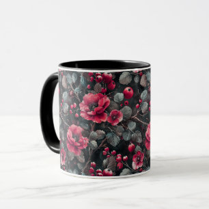 Mug Framboise, fleurs bordeaux sur gris foncé