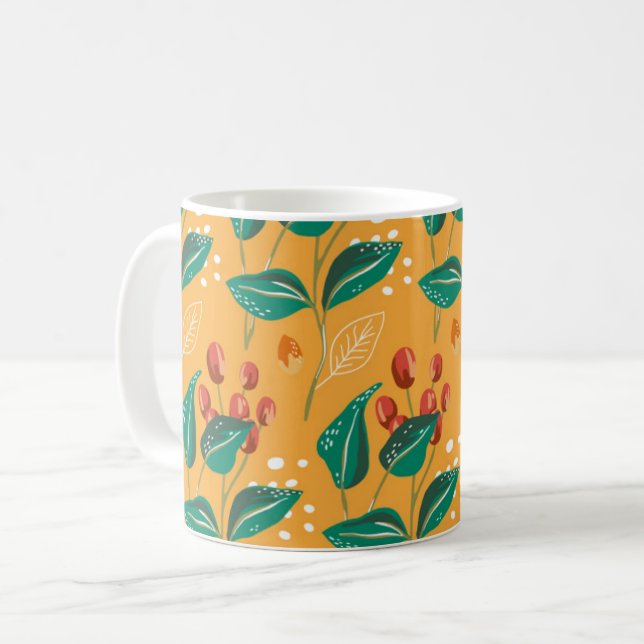 Mug Framboise rouge et feuilles verts. Motif jaune flo (Devant gauche)